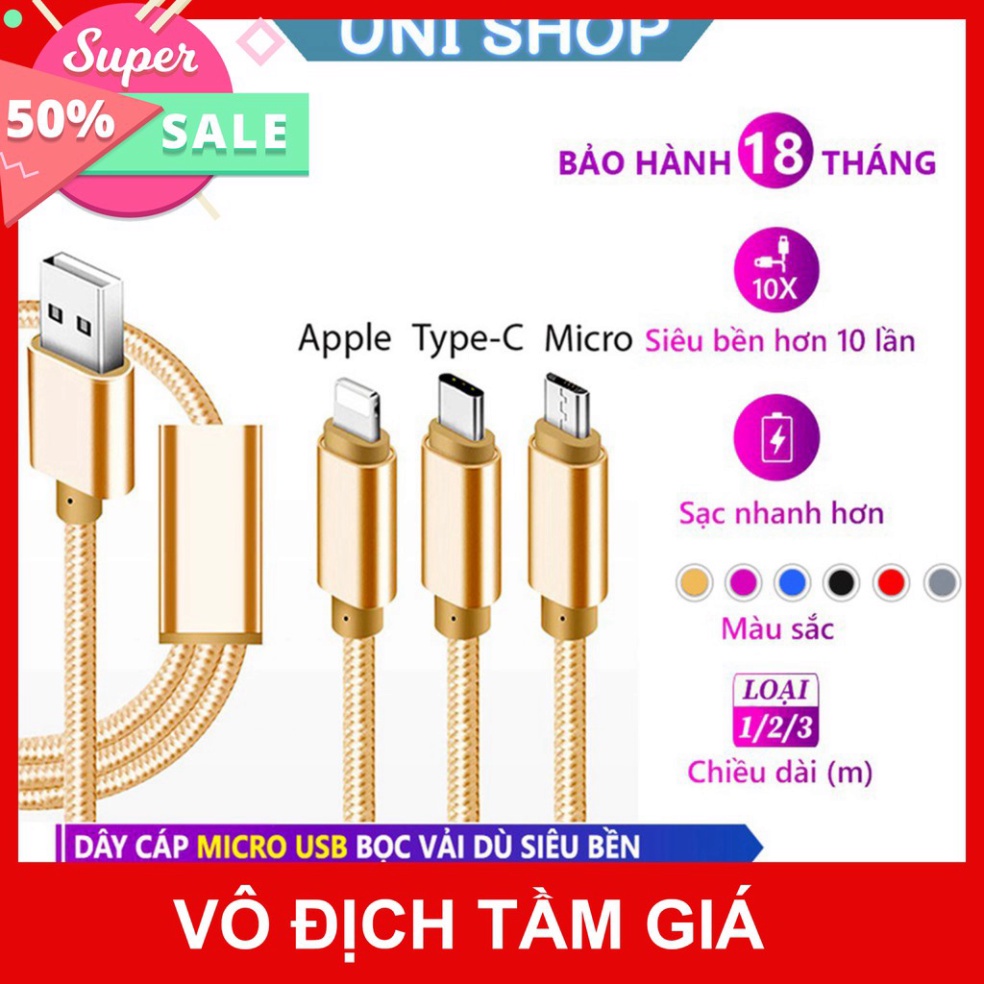Dây cáp sạc iphone/Samsung, dây dù 3M chống đứt, hỗ trợ sạc nhanh,]