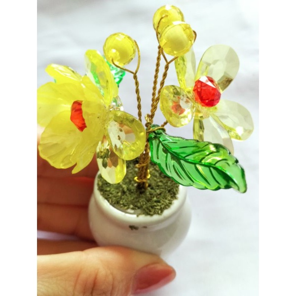 Chậu cây hoa lá ngọc cành vàng pha lê mini chiêu tài kích lộc may mắn trưng phong thủy
