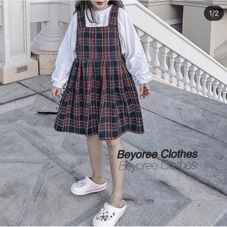 Set Yếm Kẻ Caro Babydoll + Áo Croptop trắng/đen