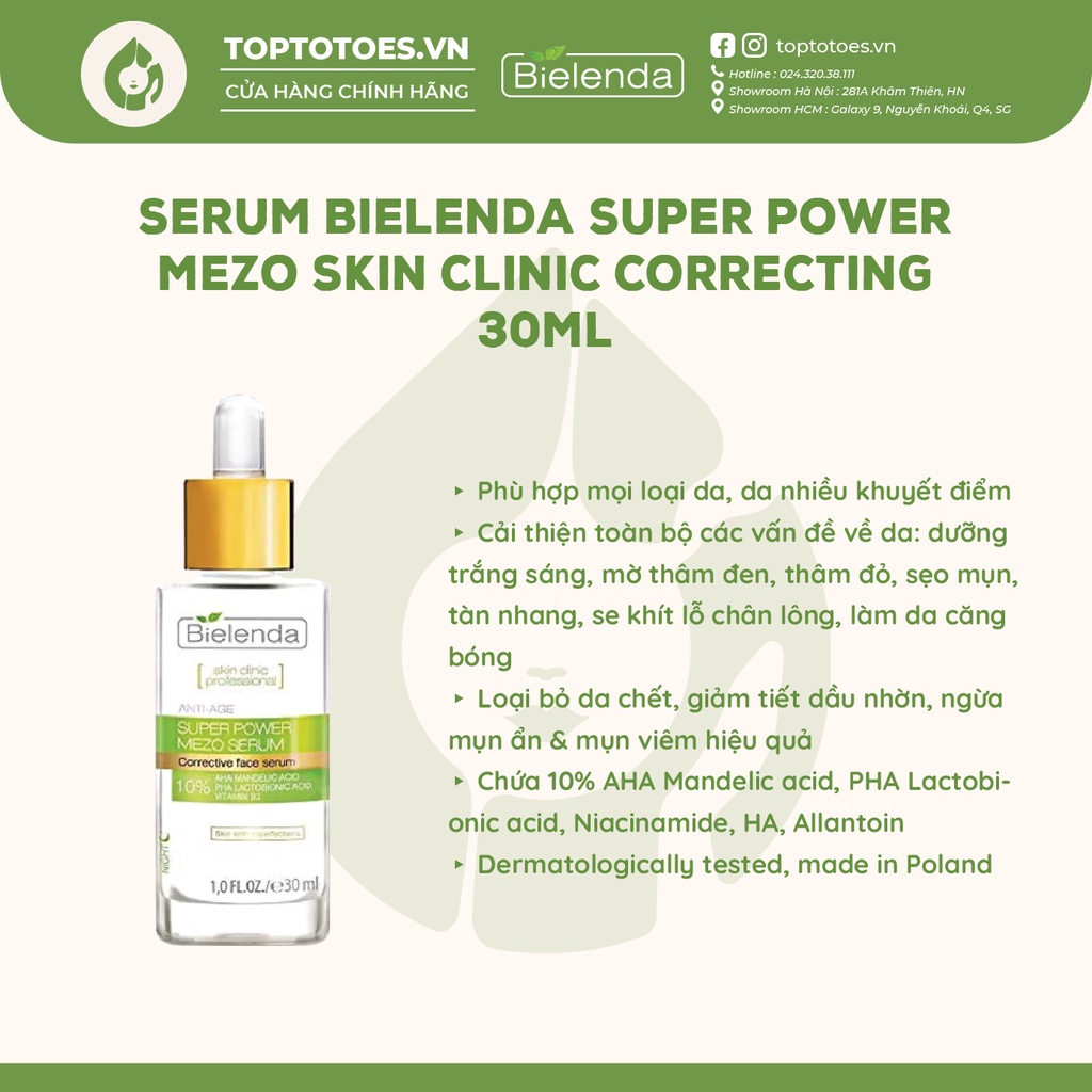Serum Bielenda Super Power Mezo Skin Clinic Moisturizing cấp nước, dưỡng ẩm/ Correcting căng bóng, mờ thâm
