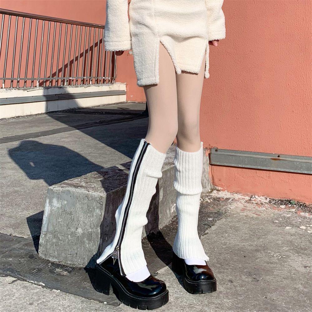 Vớ Dệt Kim Dài Màu Trơn Có Khóa Kéo Phong Cách Gothic Harajuku Hàn Quốc