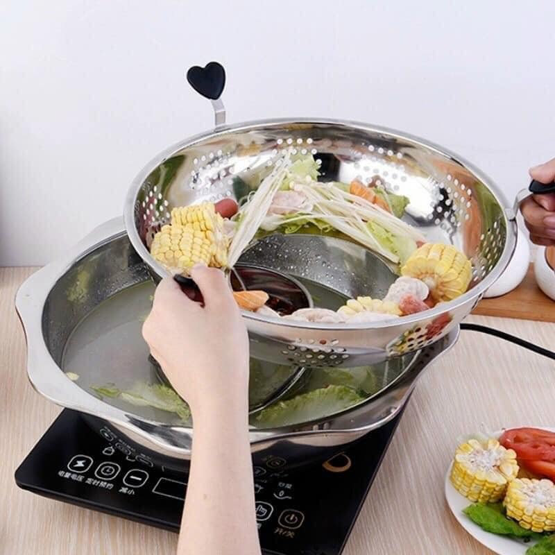 Nồi lẩu xoay inox 2 tầng Hàn Quốc size 32cm dùng được cho cả bếp ga và bếp từ