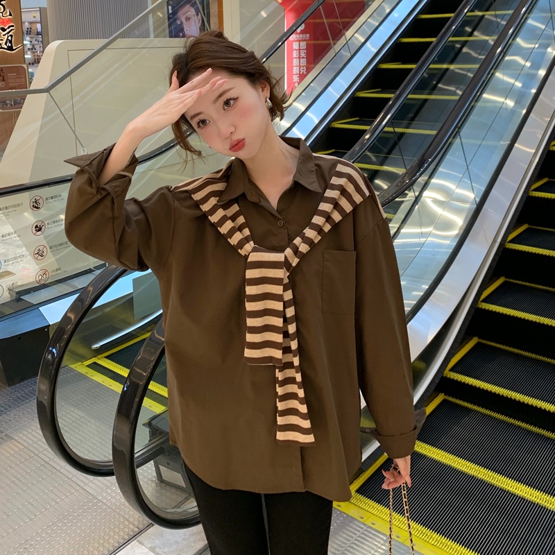 ZHELIHANGFEI Áo Sơ Mi Tay Dài Giả Hai Lớp Họa Tiết Kẻ Sọc Thời Trang Dễ Phối Đồ Cho Nữ