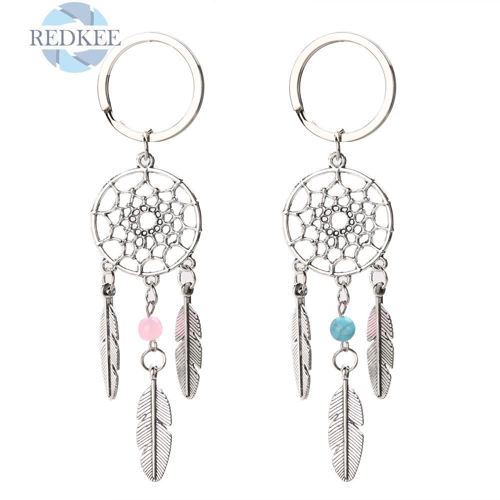 Móc Khóa Hình Dream Catcher Màu Bạc Phối Lông Vũ Tua Rua