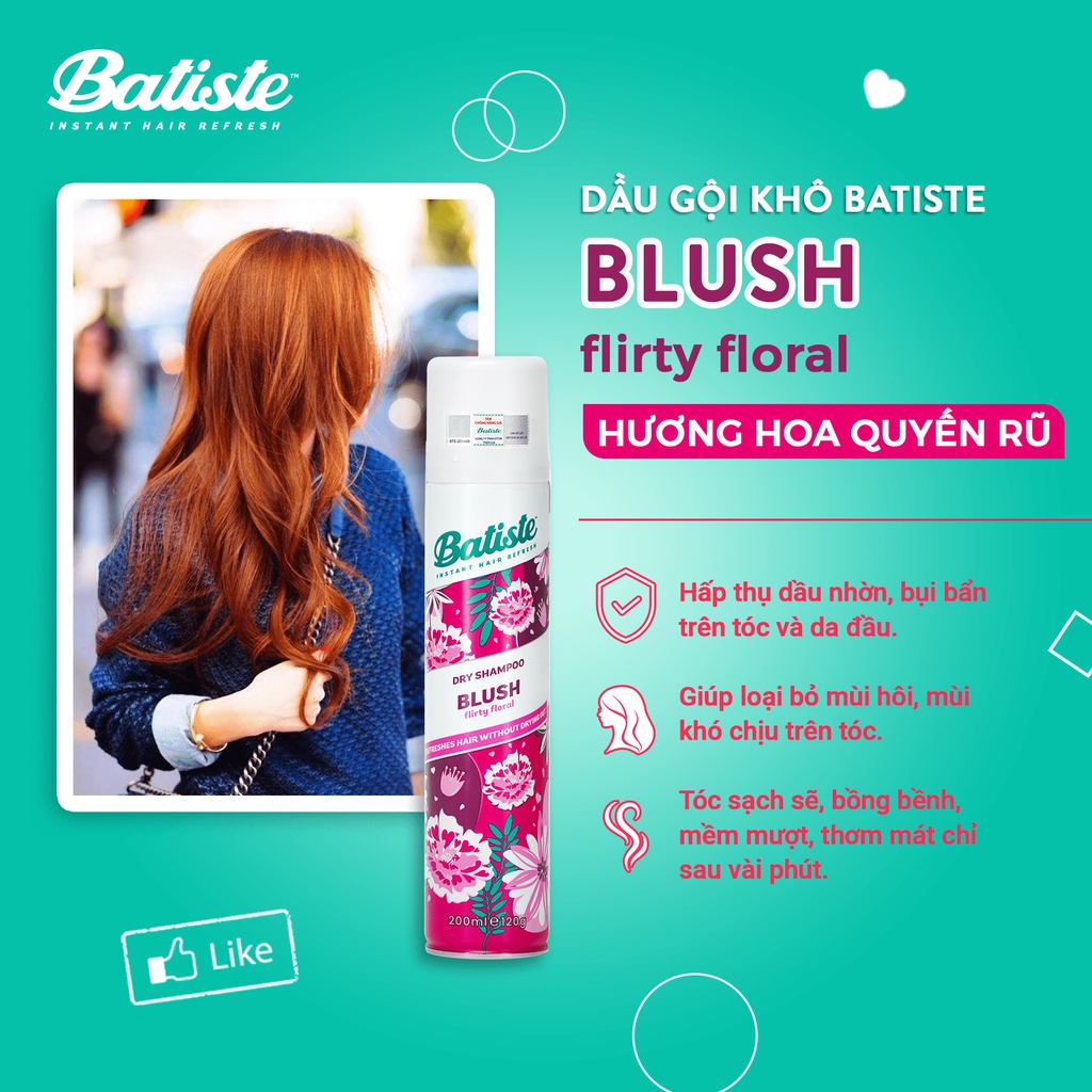 Dầu Gội Khô Batiste Hương Hoa Quyến Rũ - Batiste Dry Shampoo Floral & Flirty Blush 200ml