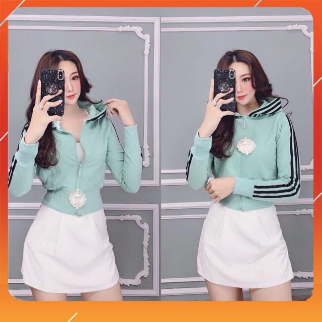 Áo khoác nữ thun da cá form lửng phối 3 sọc tay nón 💟