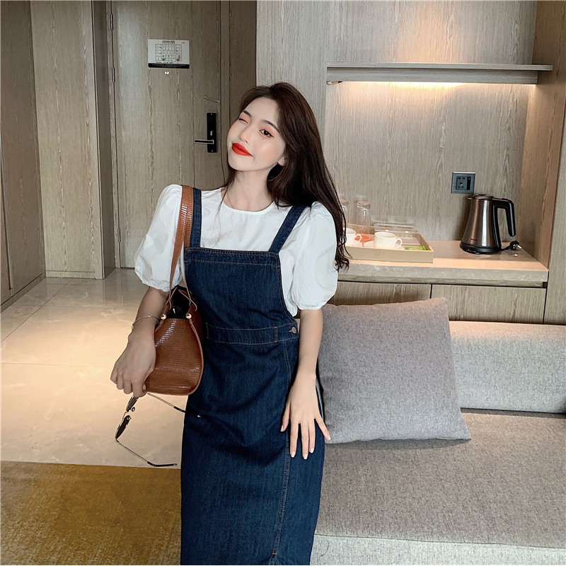 /Sẵn yếm M, L/ Set váy yếm bò dáng dài xẻ tà và áo sơ mi tay phồng cổ tròn - psyche | BigBuy360 - bigbuy360.vn