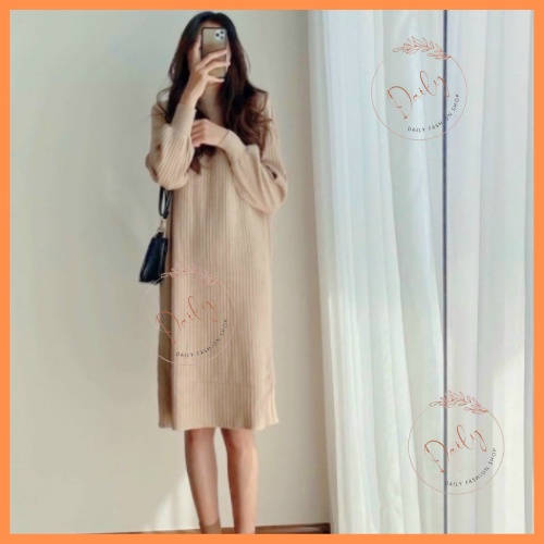 Váy Len Dài Tay Nữ Dáng Suông Tay Bồng Chất Len Gân Mềm Mịn Dày Dặn