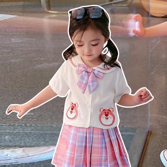 Bộ Áo Thun Ngắn Tay In Hoạt Hình + Chân Váy Thời Trang Mùa Hè Dành Cho Bé Gái