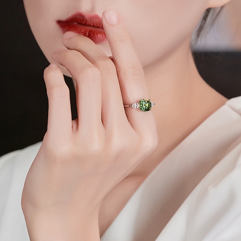 Nhẫn Bạc 925 Đính Đá Kim Cương Tự Nhiên Màu Xanh Lá Có Thể Điều Chỉnh Kích Cỡ Cho Nữ