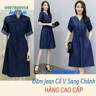 Đầm jean cổ v sang chảnh, đầm jean xòe eo dây rút cá tính