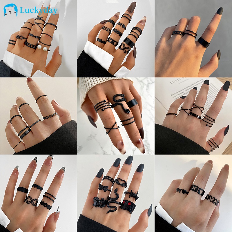 Bộ Nhẫn Hình Trái Tim/ Bươm Bướm/ Chữ Thập Màu Đen Phong Cách Cổ Điển Thời Trang Cho Nữ