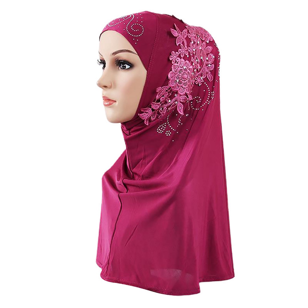 Khăn Trùm Đầu Màu Trơn Phối Ren Đính Đá Phong Cách Hồi Giáo Cho Nữ