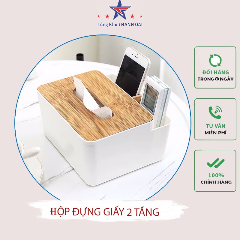Hộp đựng giấy ăn nắp gỗ 2 tầng có ngăn để đồ tiện lợi