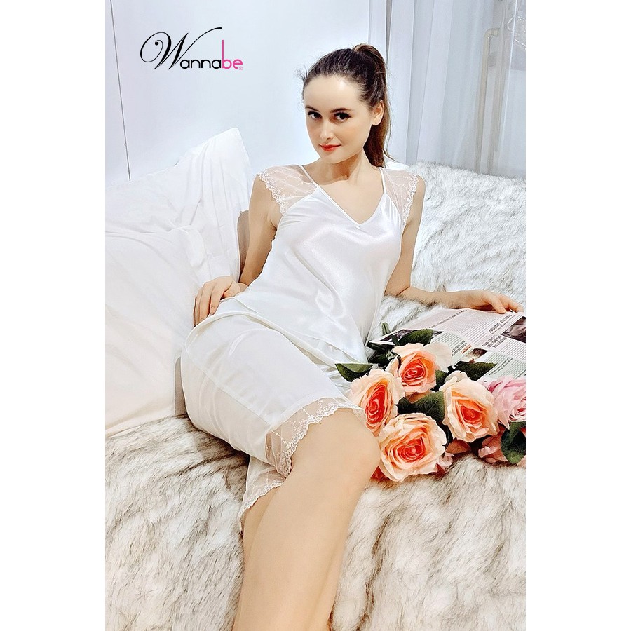 Đồ bộ mặc nhà phi lụa wannabe bộ lửng bls06 phối ren hoa nhã nhặn