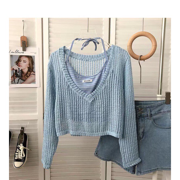 Set áo len lưới dệt kim dày tay mỏng nhẹ xuyên thấu cổ V