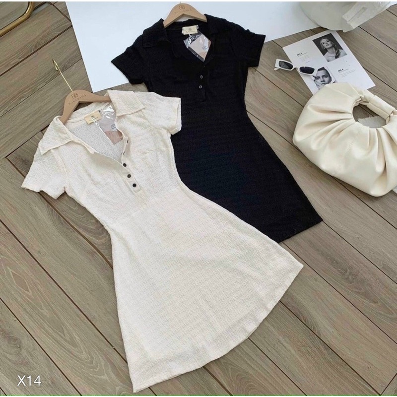 Đầm Body Nút, Đầm Polo Xòe Cổ Bẻ 2 Màu đen -Trắng