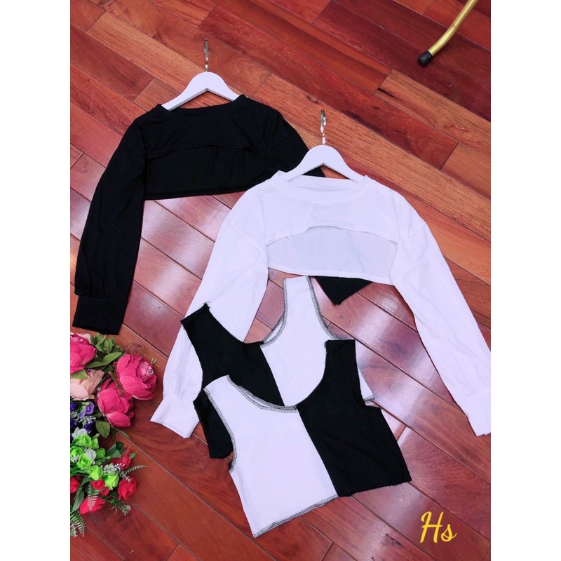 Bộ Áo Croptop Nữ Kèm Yếm Phối Màu Đen Trắng Siêu Xinh🦋 Set Áo Croptop Dài Tay Kèm Áo Trong 2 Màu So Hot