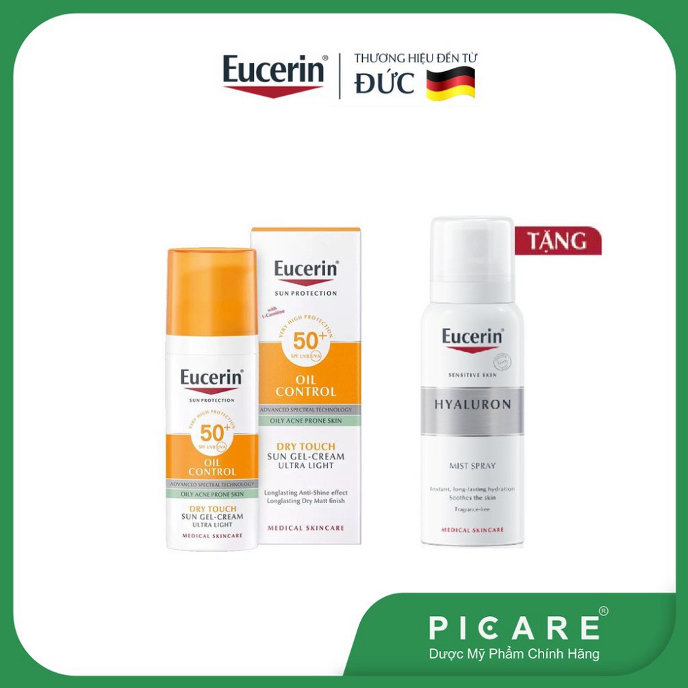 [CHÍNH HÃNG] Combo Eucerin kem chống nắng cho da nhờn mụn Sun Oil Dry Touch SPF50+50ml &amp; xịt khoáng dưỡng ẩm Hyaluron 50
