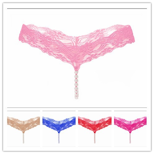 Quần lót lọt khe vải ren phối hạt ngọc phong cách gợi cảm dành cho nữ