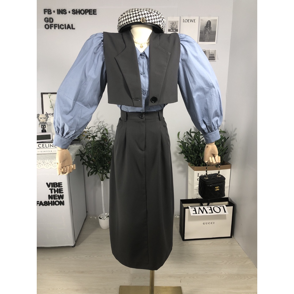 B19|Set bộ blazer nữ áo gile khoác croptop, váy bút chì dài rộng xẻ tà gd_order