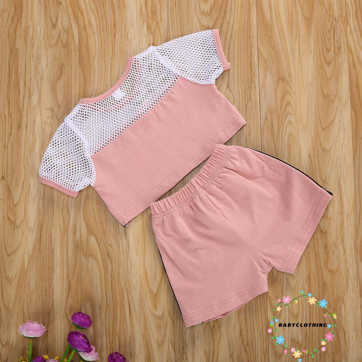 Set Áo Thun Ngắn Tay + Quần Short Lưng Thun Phối Lưới Cho Bé Gái