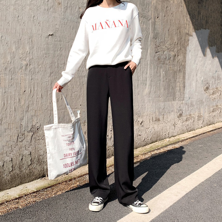 Quần ống rộng nữ lưng cao màu đen chất mềm mịn vải tuyết mưa trơn - Quần ống suông thể thao nữ mặc đi học sinh - công sở | BigBuy360 - bigbuy360.vn