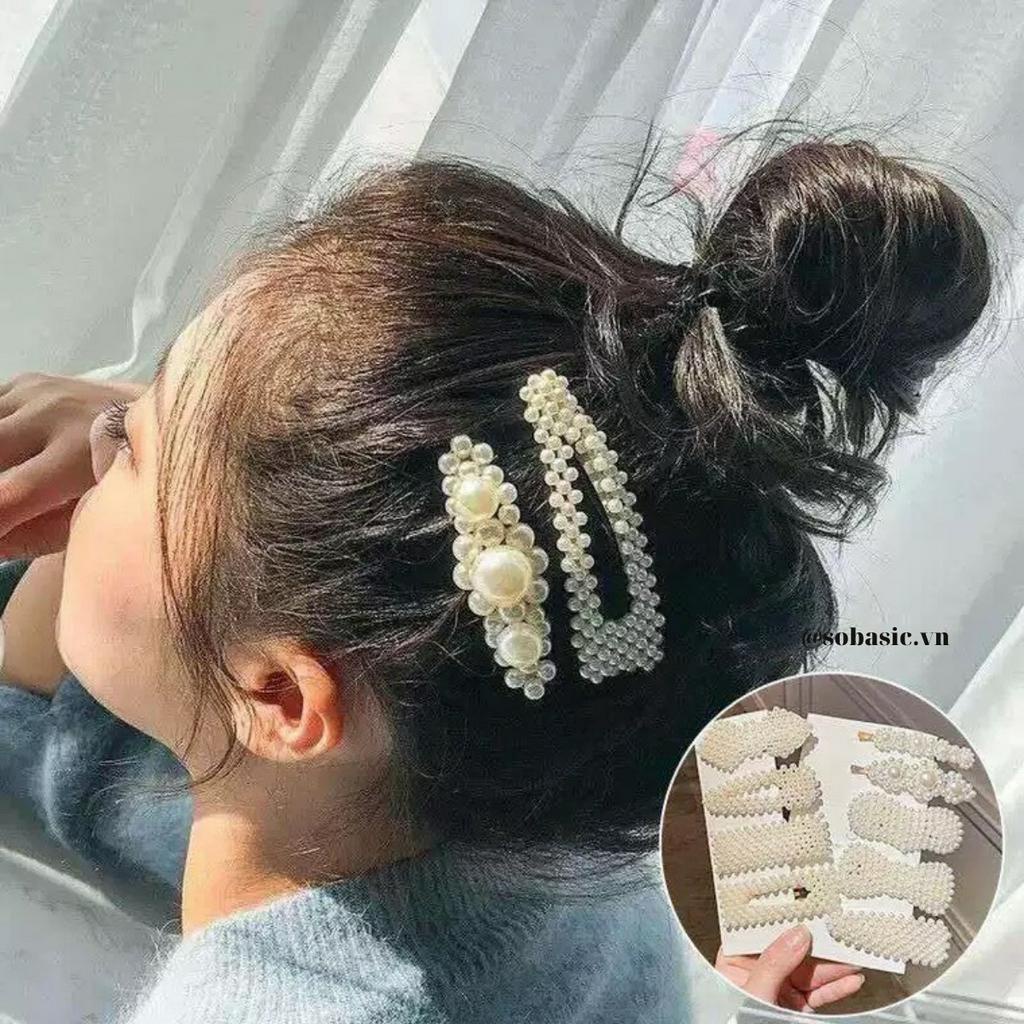 Kẹp tóc ngọc trai Sobasic gọng chắc chắn phong cách Hàn Quốc