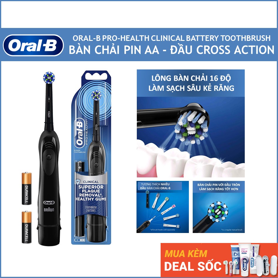 Bàn Chải Pin Oral-B Clinical - Đầu CrossAction, Màu đen - Dùng pin AA