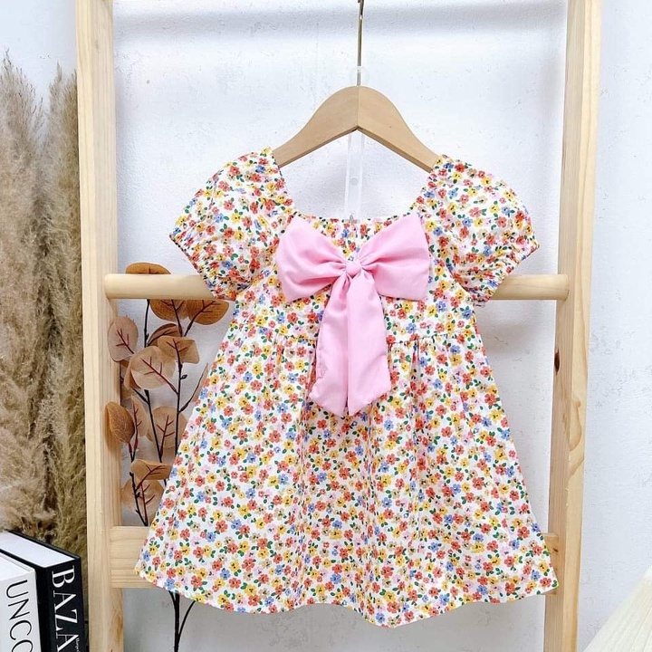 Váy hoa bé gái, đầm bé gái nơ buộc vải thô hoa mềm mại loại 1 size 12-22kg có 5 màu