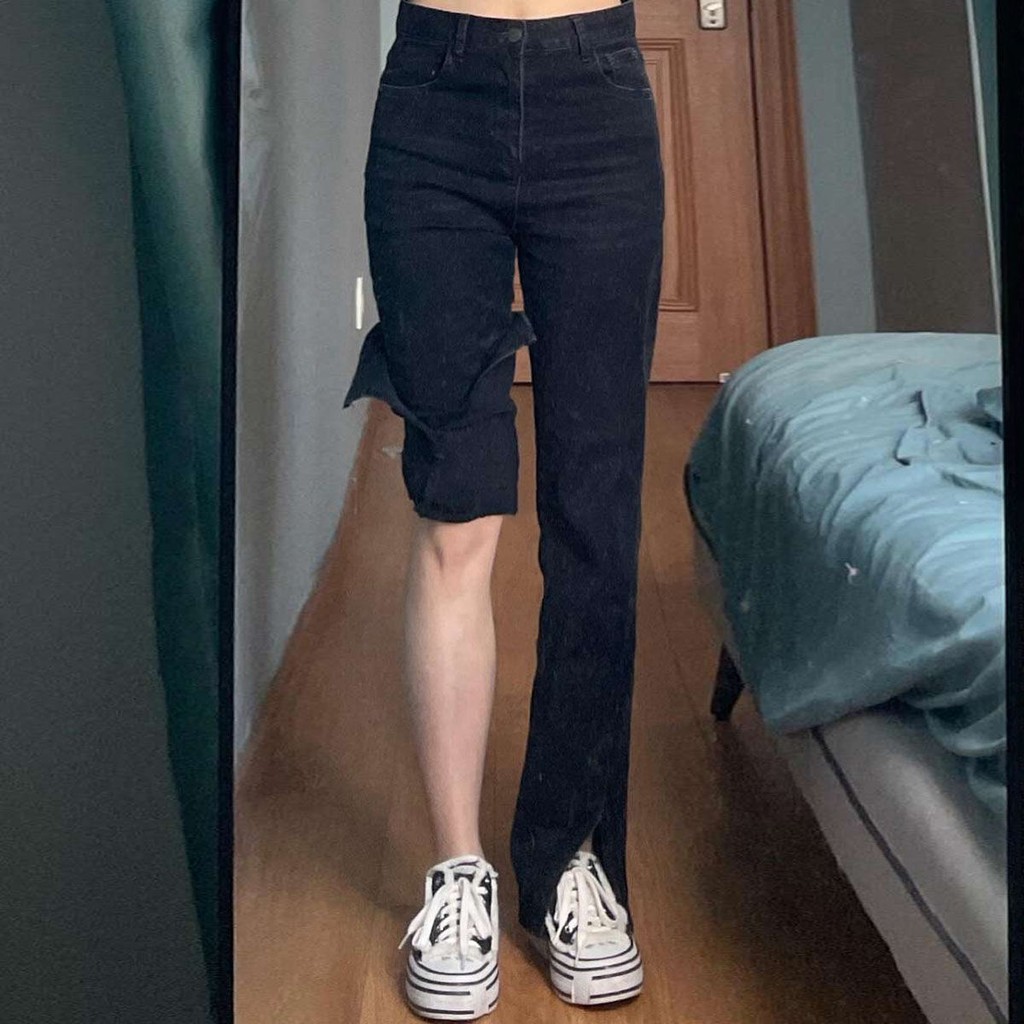 Quần jean đen cạp cao thời trang retro phong cách Hàn Quốc cho nữ