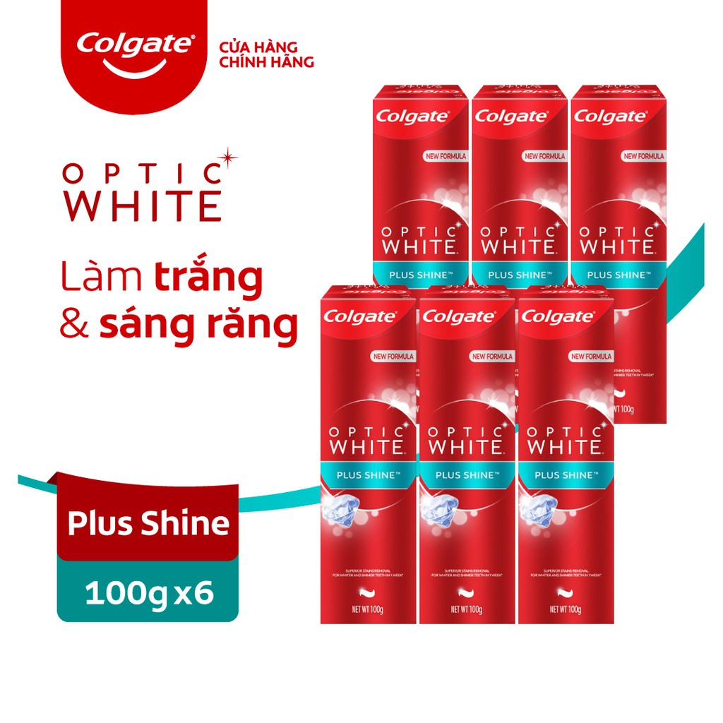 Combo 6 Kem đánh răng Colgate Optic White Plus Shine làm trắng răng 100g/hộp