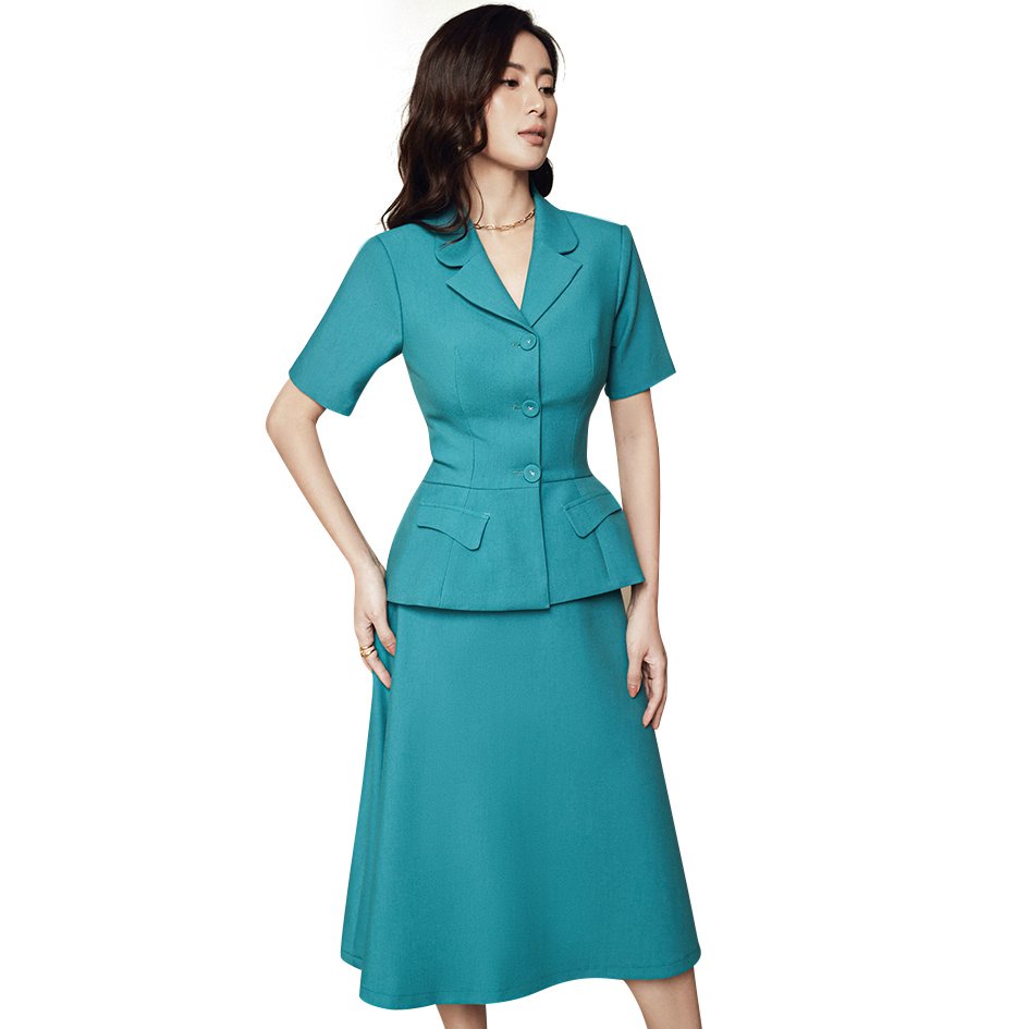 Vest Tay Cộc - Chân Váy Xòe Xanh Ngọc Reina