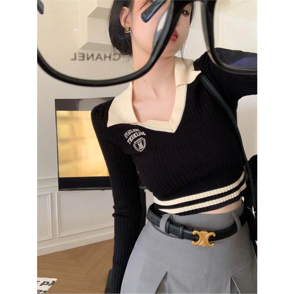 Áo Dệt Kim Dáng Ôm Ngắn Kẻ Sọc Màu Sắc Phong Cách Hàn Quốc Dễ Phối Đồ