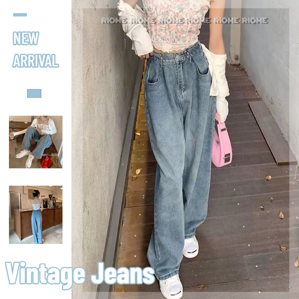 💖RIOME Tủ quần áo💖Quần Jean Dài Ống Rộng Lưng Cao Phong Cách Retro Cá Tính Cho Nữ
