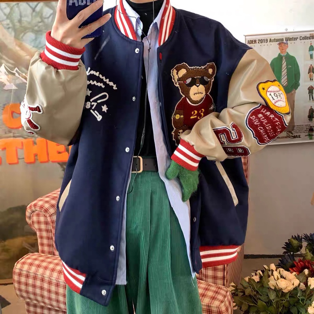 (Hàng có sẵn)Áo bomber varsity vải dạ tay da họa tiết thêu gấu,Áo khoác varcity nam nữ DT133