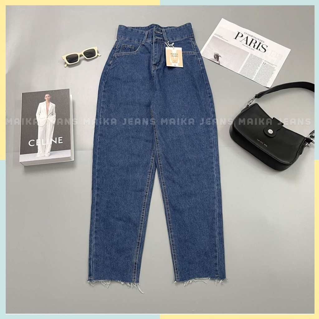Quần Bò Nữ Quần Baggy lưng Cao 2Nút Lai Cắt Shop Maika-Jeans