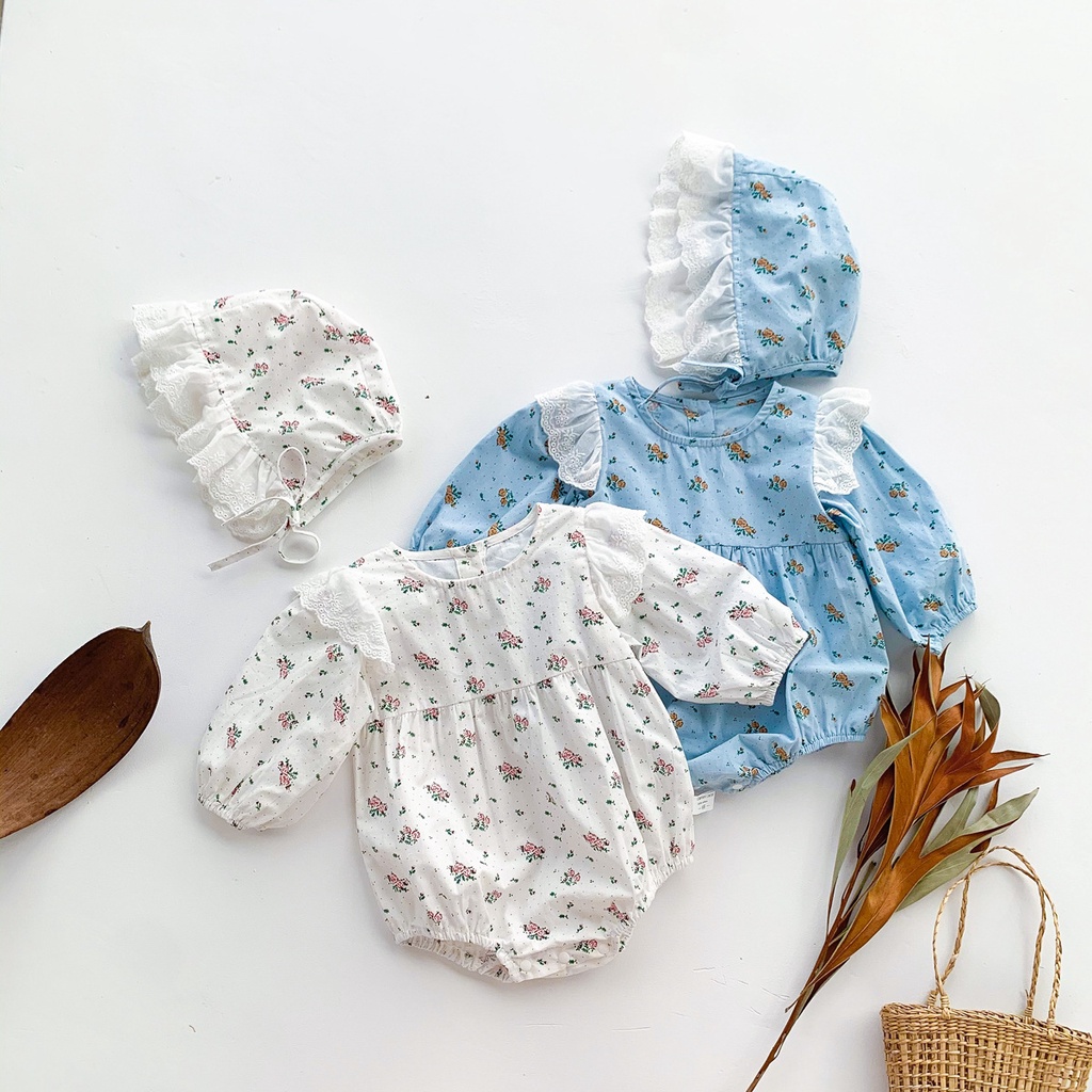 Bộ áo liền quần tay dài in hoa + mũ dễ thương tùy chọn màu sắc dành cho bé gái sơ sinh