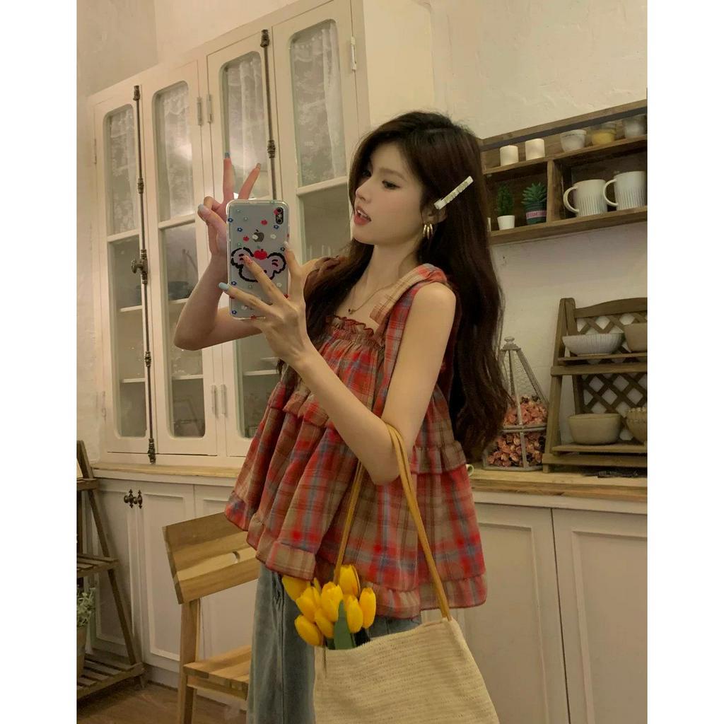 Áo 2 dây kẻ caro đỏ thắt nơ vai ulzzang