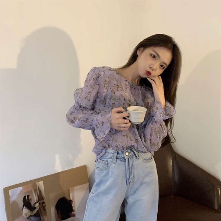 Áo Sơ Mi Chiffon Tay Dài Dáng Rộng Xếp Ly In Họa Tiết Hoa Phong Cách Hàn Quốc Cho Nữ