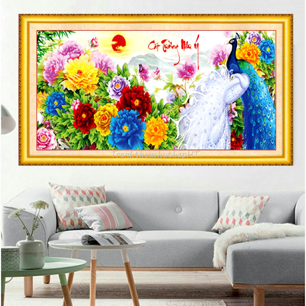 Tranh thêu chữ thập Phú quý cát tường KT:133x63cm, Tranh chưa thêu,Tặng kéo và xỏ chỉ,