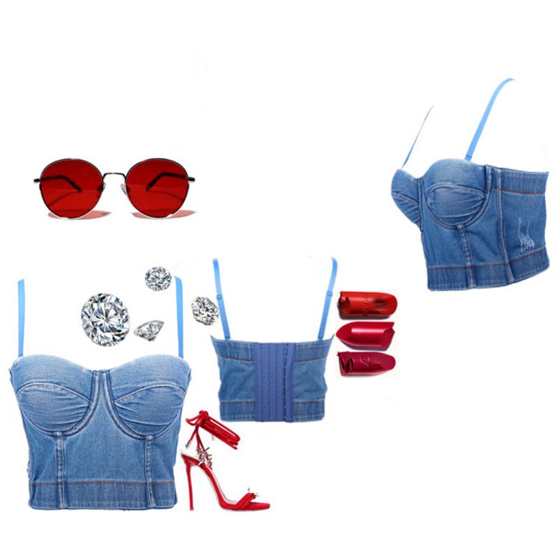Áo Croptop Denim Hai Dây Nâng Ngực Có Thể Tháo Rời Phong Cách Retro ONERI Cho Nữ