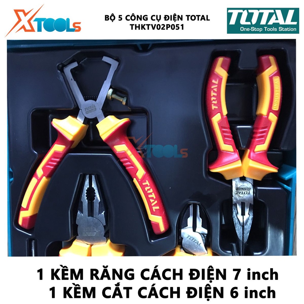 Bộ 5 công cụ cầm tay cách điện TOTAL THKTV02P051 | Đồ nghề gia dụng cách điện 1 kềm răng 7 inch , 1 kềm cắt 6 inch, 1 kề