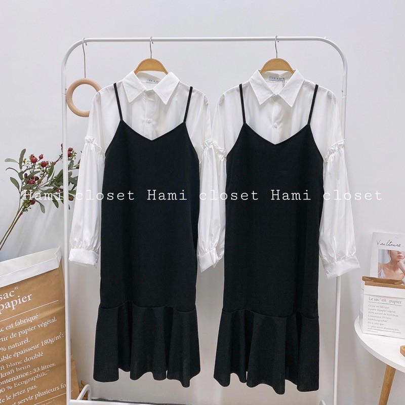 Váy yếm hai dây dáng dài đầm suông đuôi cá phong cách Ulzzang màu đen hàng có size YY01