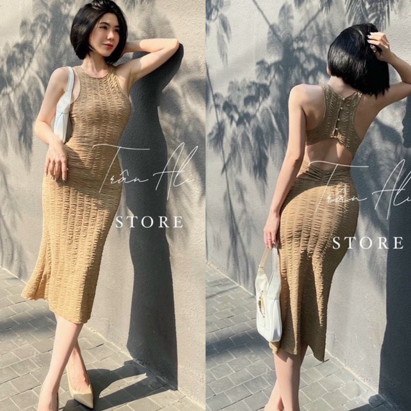 Sẵn Đầm body xốp sát nách hở lưng  màu trắng đen nâu
