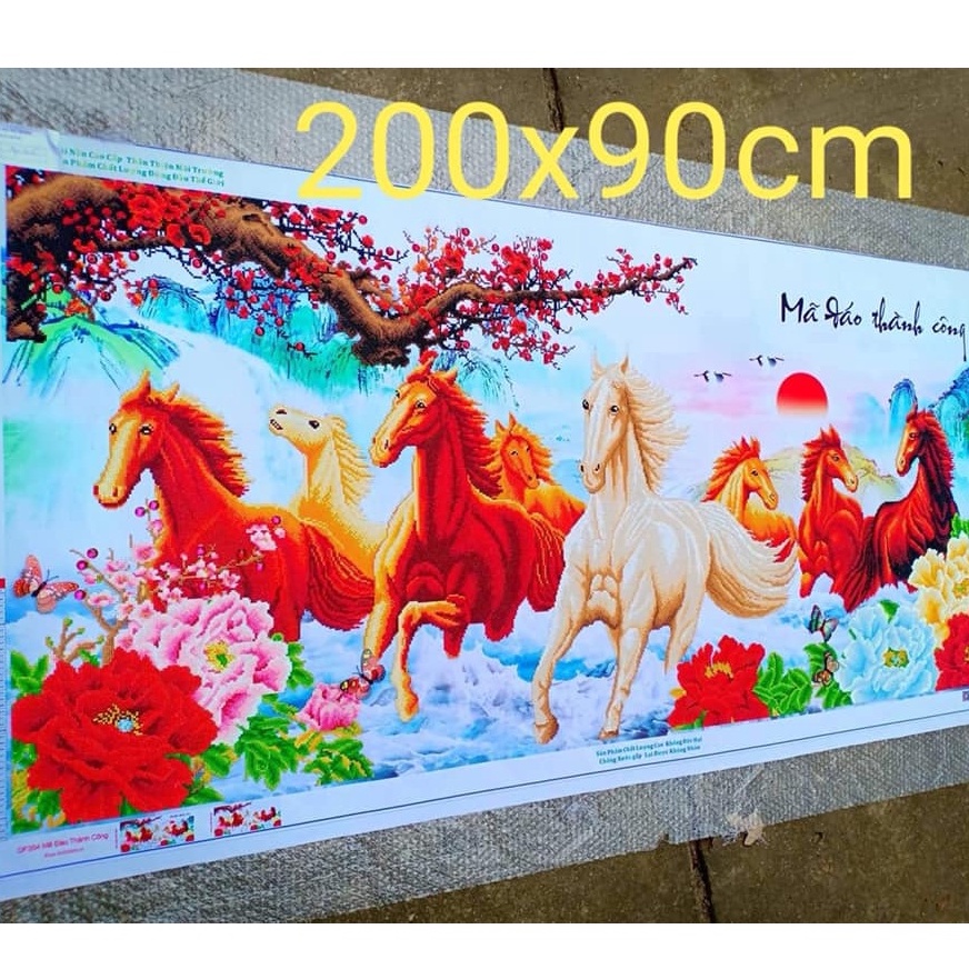 Tranh đính đá Mã đáo thành công khổ lớn 2m3, 2m, 1m6, 1m3, 1m2 tranh gắn đá ngựa bát mã đẹp GIÁ SỐC