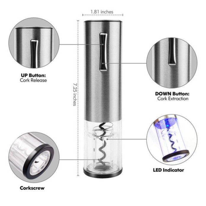 Sản Phẩm Bộ dụng cụ mở rượu vang tự động 4 trong 1 KB1-601802. Dễ dàng sử dụng, sử dụng nguồn sạc điện thoại. .