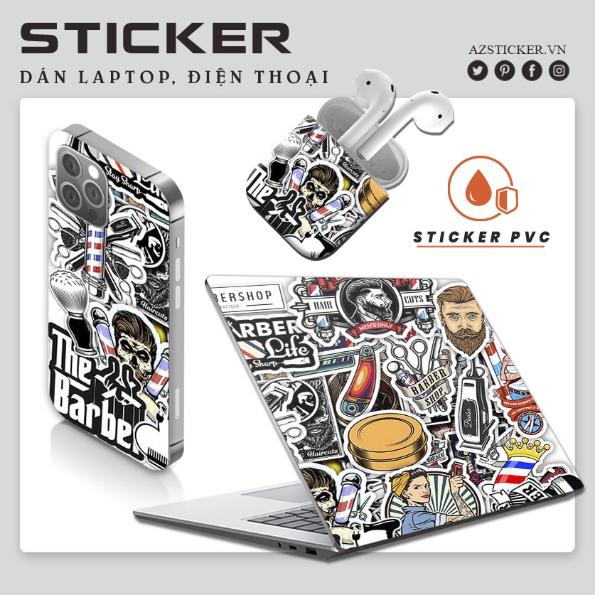 Sticker Barber Shop Tiệm Cắt Tóc Chống Nước, Chống Bay Màu | STK60 | Hình Dán Mũ Bảo Hiểm Laptop Bình Nước