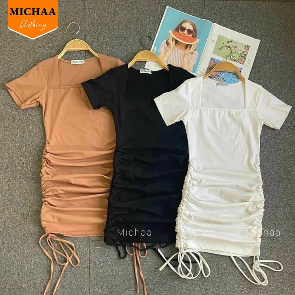 Váy Body Nhún Ôm Nữ Cổ Vuông Đầm Rút Dây 2 Bên Thun Borip Tay Ngắn Sexy - MICHAA