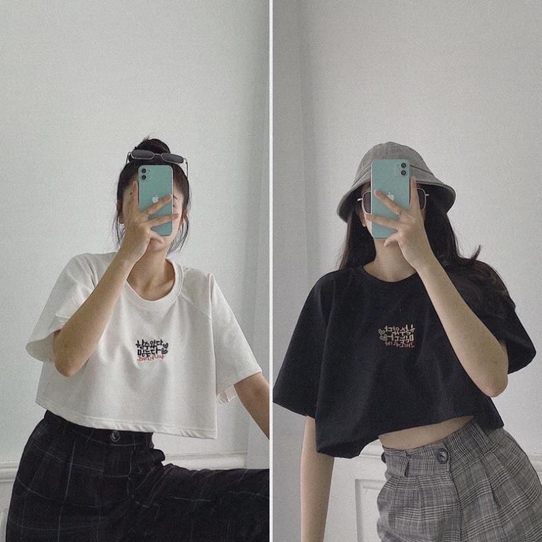 [sale Sốc] Áo Thun Nữ Croptop FREESHIP Áo Tay Lỡ Cotton Thêu Chữ Hàn